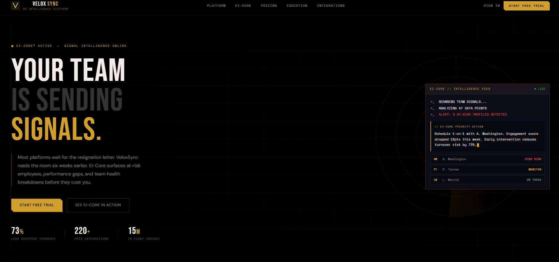 VeloxSync performance intelligence platform dashboard